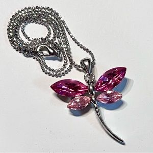 Y2K Dragonfly Pendant Silver-tone with Pink Gemstone Accents, Silver-tone Chain